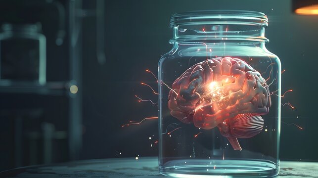 A jar filled with a brain is lit up with bright colors. The jar is on a table and the brain is surrounded by sparks. Concept of wonder and curiosity about the brain and its functions