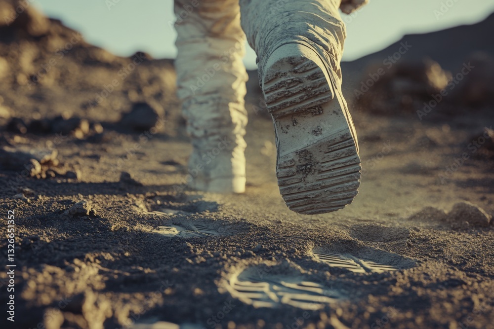 Poster astronaut walks on alien terrain leaving footprints in the dusty surface during a space exploration 