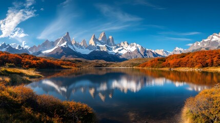 Fototapeta premium Mountains Reflecting in Lake During Autumn Season with Clear Blue Sky
