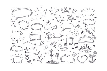 Hand Drawn Crayon Doodle Sticker Set, Cute Cloud, Flower, Star, Heart, and Childish Elements in Chalk Style. Vector Graphic Clipart Isolated Illustration.