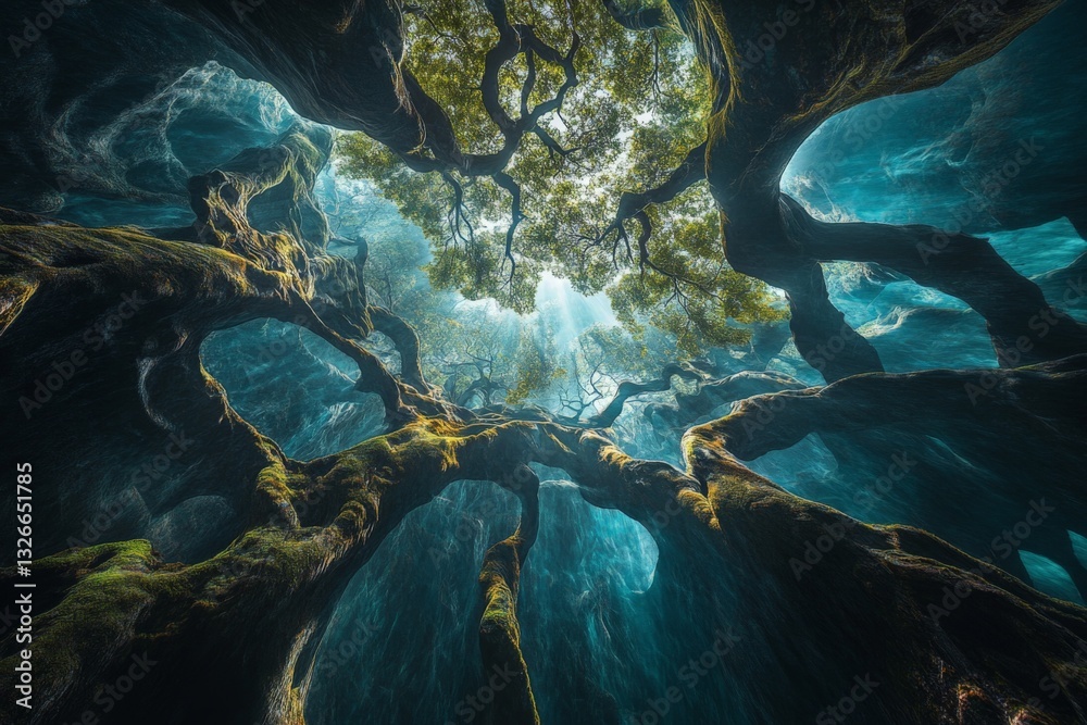 Aufkleber Light filters through ancient trees in a mystical forest creating a serene atmosphere full of wonder and beauty
