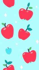 Vibrant pattern on a bright blue background creating a cheerful and whimsical orchard scene for various uses