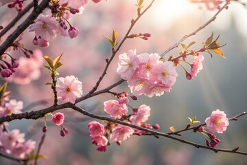 Fototapeta premium Pink sakura blossoms bloom on spring branches against a soft sky
