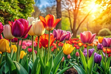 Obraz premium Bright, beautiful tulips paint a vibrant spring garden, a photographer's dream.