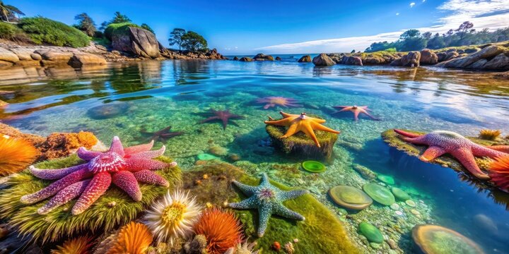 Seaside rockpool scene at Coogee Beach, featuring anemones, sea stars, and colorful seaweed swaying in the current