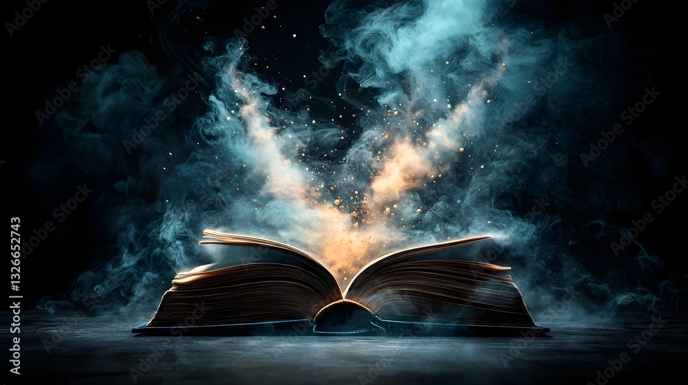 Poster an open book with a captivating display of swirling chemical vapors above creating a mesmerizing pat