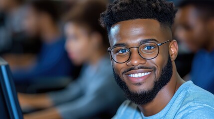 Obraz premium University student completes computer assignment while collaborating in a busy lab with peers on various projects
