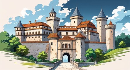 Fototapeta premium Historic European fortress building design on manga design illustration background