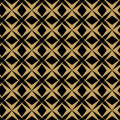 Abstract geometric pattern with squares, crosses, stripes, lines. Seamless vector background. Black and gold ornament. Modern reticulated graphic design.