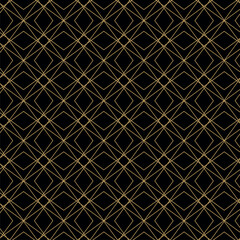 Fototapeta premium Abstract geometric pattern with squares, crosses, stripes, lines. Seamless vector background. Black and gold ornament. Modern reticulated graphic design.