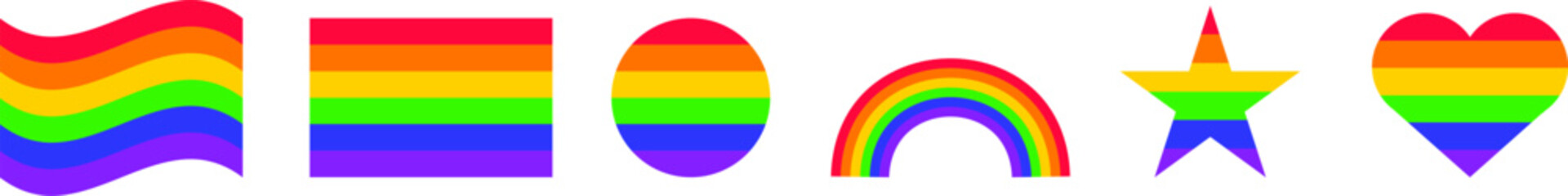 Rainbow geometric symbols, including a waving flag, rectangle, circle, arch, star, and heart. LGBTQ+ pride, diversity, and inclusivity. Vector EPS 10