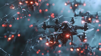 A swarm of robots with red lights is flying in the sky. The robots are all different sizes and shapes