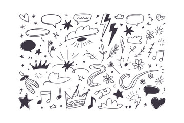 Fototapeta premium Hand Drawn Crayon and Chalk Doodle Sticker Set: Cute Cloud, Flower, Star, and Heart Elements for Kids
