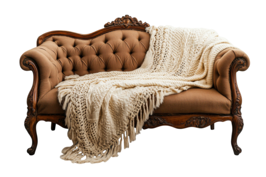 Handwoven woolen blanket with fringed edges isolated on transparent background