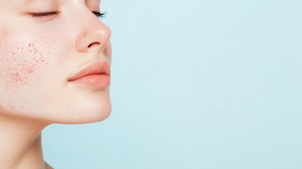 Fototapeta premium Close-up of a woman with natural skin showing freckles against a soft blue background in a serene moment