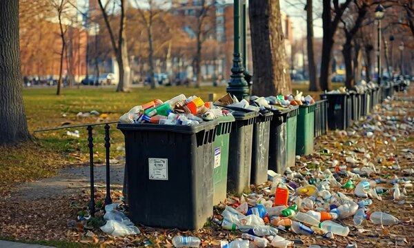 Overflowing public trash bins and litter create an unsightly urban environment littered with plastic waste.