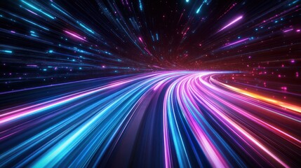 Obraz premium A vibrant display of multicolored light trails, creating a sense of speed and motion through a digital landscape.