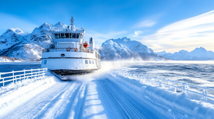 Winter ferry on frozen fjord, dramatic snowy landscape