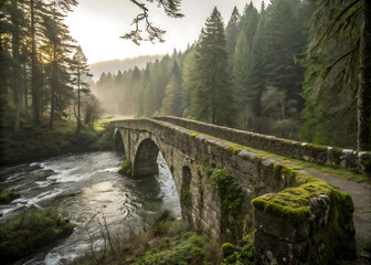 Obraz premium An ancient bridge over a river located in a dense forest. The image conveys an atmosphere of history
