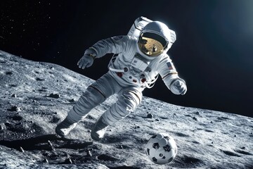 astronaut playing football on the moon