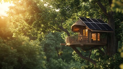 Whimsical Treehouse Retreat Nestled Among Lush Green Trees at Sunset
