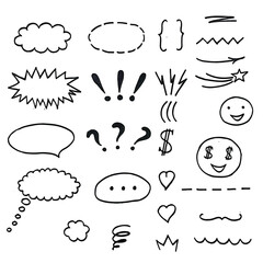 Set of black hand drawn anime manga line elements, curved, with arrows, speech bubble, heart, dollar sign, smiley, abstract shapes, brackets