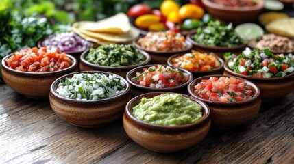 Fototapeta premium Colorful salsas and guacamole in bowls on wooden table