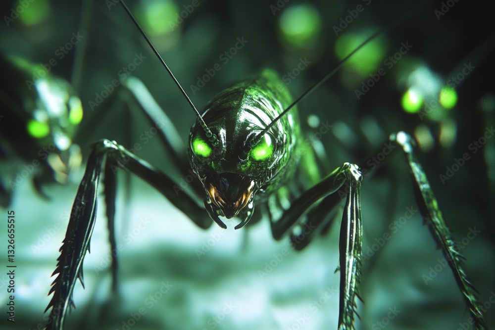 Poster Close-up view of a menacing insect with glowing green eyes in a dark environment exploring its surroundings