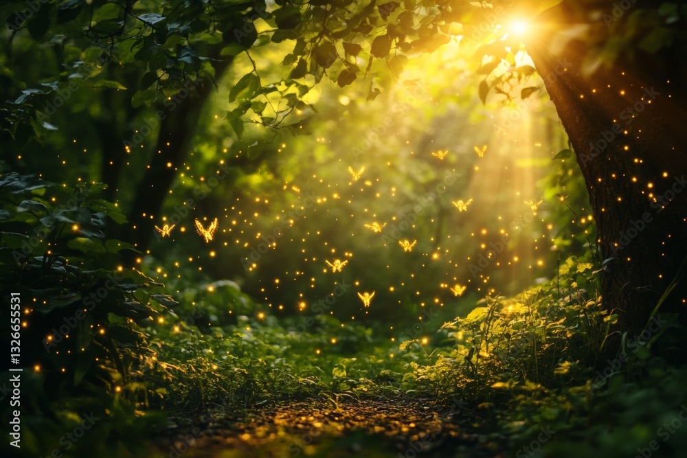 Aufkleber Golden sunlight filters through lush trees illuminating a path filled with glowing butterflies in a magical forest setting