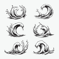 Ocean waves collection, hand drawn sea storm waves and water elements set
