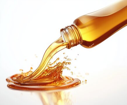 Golden Liquid Pouring from Sleek Modern Bottle on White Background