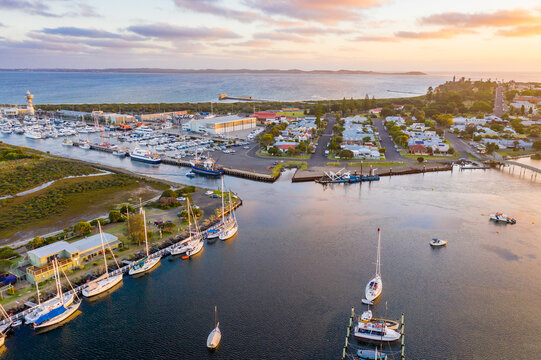 Aerial view of a boats and yachts anchored at a coastal marina
