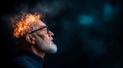 Man with a bald head and glasses looking up at the sky. The image is a representation of the brain and its thoughts