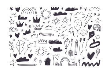 Hand Drawn Crayon and Chalk Doodle Sticker Set: Cute Cloud, Flower, Star, and Heart Elements for Kids