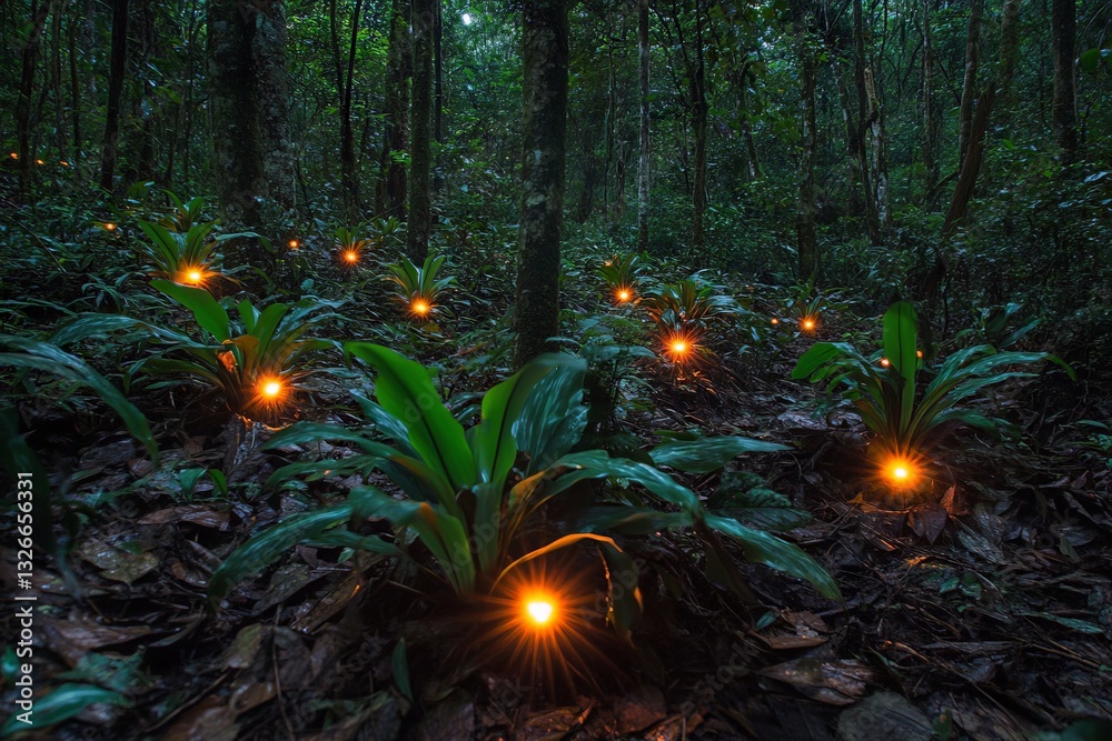 Poster mystical lights illuminate the forest floor at dusk in a tropical rainforest setting