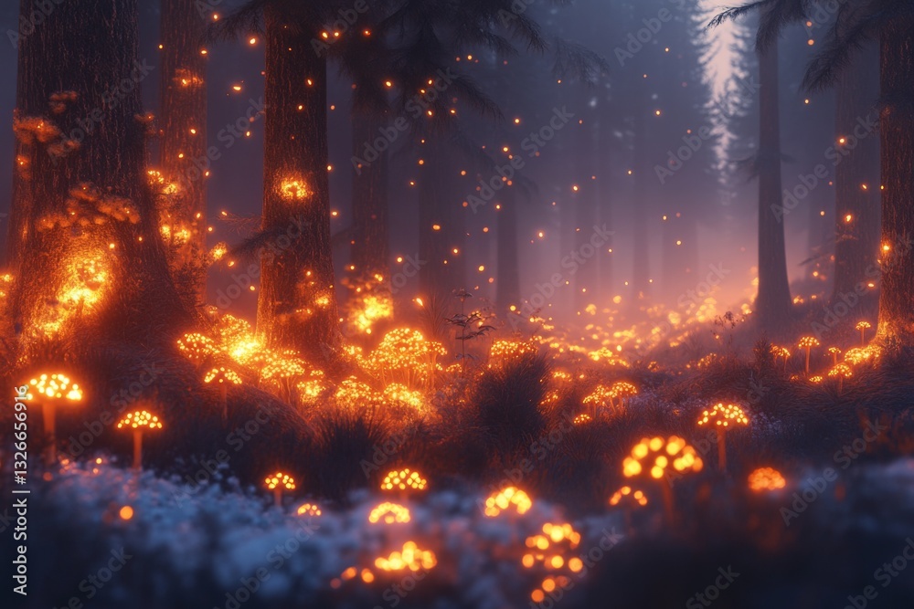 Aufkleber enchanted forest with glowing mushrooms illuminated by soft light during twilight