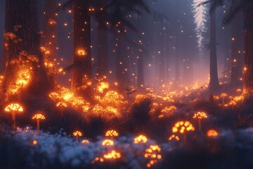 Obraz premium Enchanted forest with glowing mushrooms illuminated by soft light during twilight
