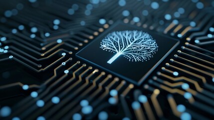 High-tech digital finance tree with neural AI circuits symbolizing data-driven wealth management. No excessive blur, ensuring clarity.