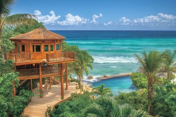 Beautiful coastal retreat with wooden structure overlooking the ocean in a tropical paradise