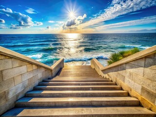 Fototapeta premium Concrete steps lead to a breathtaking ocean view, a picturesque coastal path ideal for capturing seaside moments.