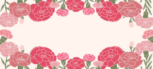 Frame of pink and red carnations. Flowers in flat in style. Vector illustration isolated on white background. Carnations of different shapes and types. Suitable for invitations, cards, social media