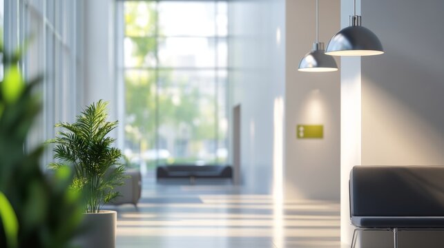 Modern office lobby with clean design, conveying simplicity and professionalism in a serene workspace.