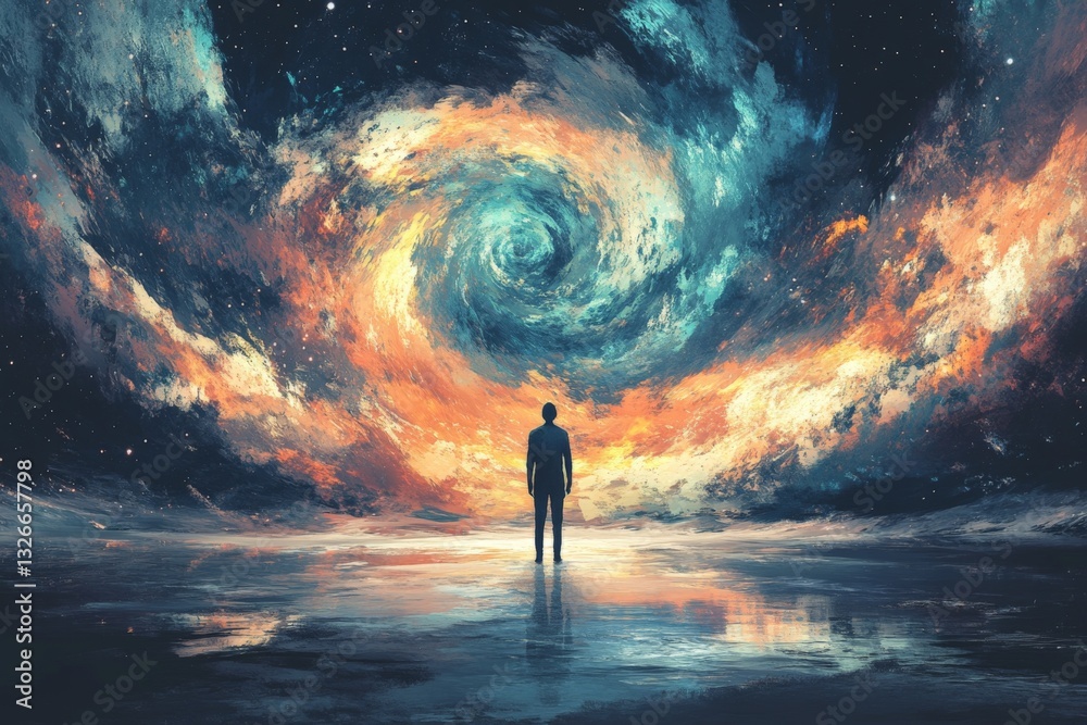 Poster person stands before a swirling galaxy reflecting on the vastness of the universe at twilight