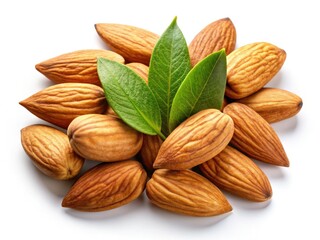 Fototapeta premium Crisp top-down shot of almonds nestled amongst vibrant green leaves, isolated on white.