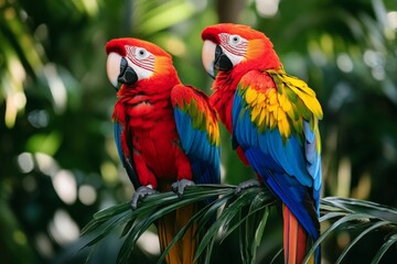 Fototapeta premium Two vibrant scarlet macaws perched on tropical foliage in a lush garden setting during the daytime