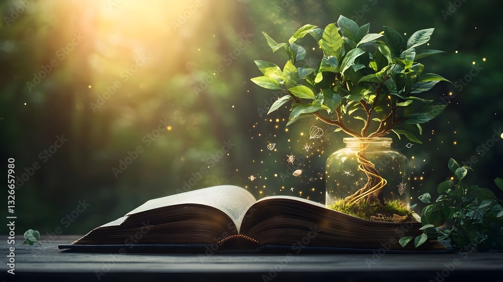 Poster conceptual image of an open book with a tree of evolution growing from its pages displaying the inte