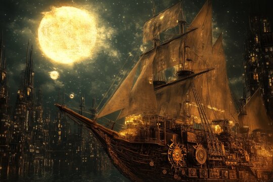 Majestic sailing ship gliding through a futuristic city under a radiant moonlit sky