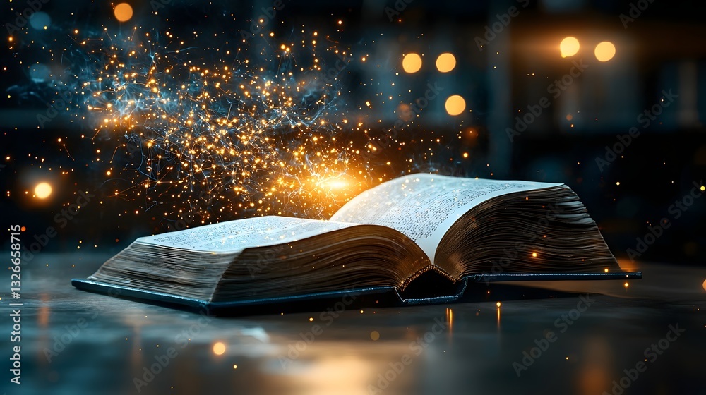 Poster an open book where the pages are illuminated by a network of neurons and brain synapses symbolizing 