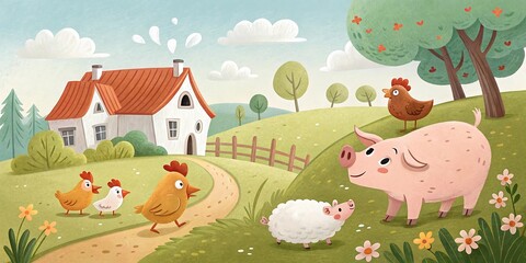 Fototapeta premium Farm Animals and Country House Illustration