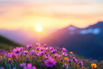 Naklejka premium Beautiful colorful wildflowers in foreground with stunning sunset in background, creating serene and vibrant atmosphere in nature